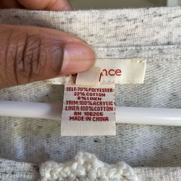 Sundance Top Womens M Crochet Front Long Sleeve Knit Gray Cream Multi Crew Neck - Picture 5 of 7